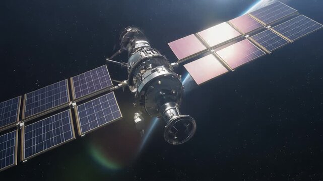深宇宙を背景に明るい太陽光を反射しながら回転する人工衛星のソーラーパネル