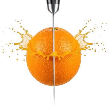 An orange being cut in half with juice splashing isolated on transparent background