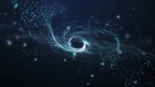 宇宙の暗闇で激しく回転する発光する量子ダスト粒子の嵐