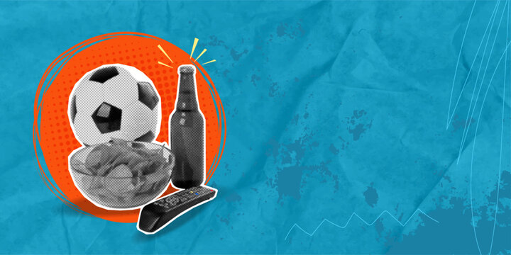 A trendy halftone collage in a pop art style. The championship final. Snacks, beer, and football fun. Next to the football are a bowl of chips, a bottle of beer, and a TV remote.