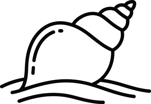 A simple black and white line art illustration of a spiral seashell resting on the ocean sand