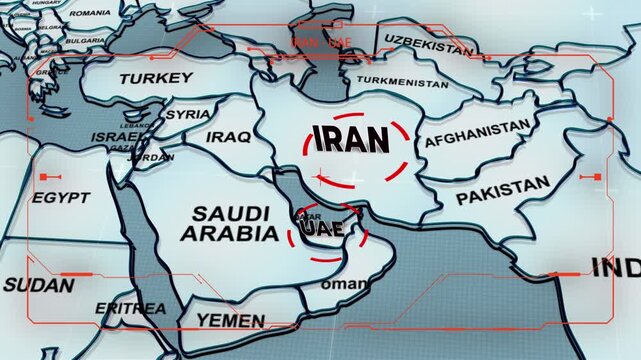 A 3D world map highlights UAE, and Iran, the Middle East, IRAN map, UAE map, Dubai, animation