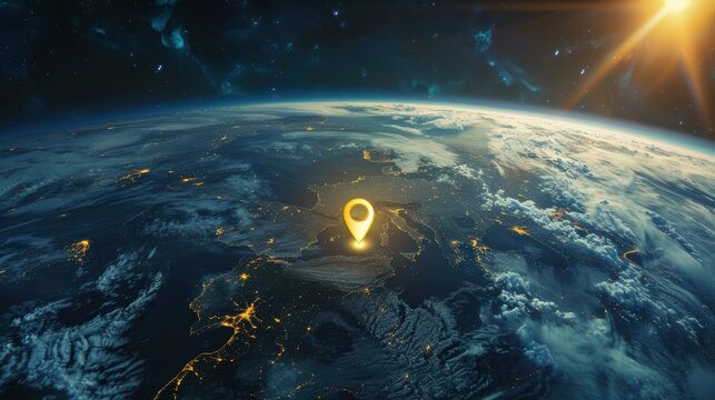 Golden location pin glowing above Earth from space, highlighting a specific point on the planet