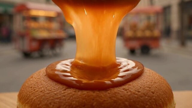 Jaggery syrup pouring on food.