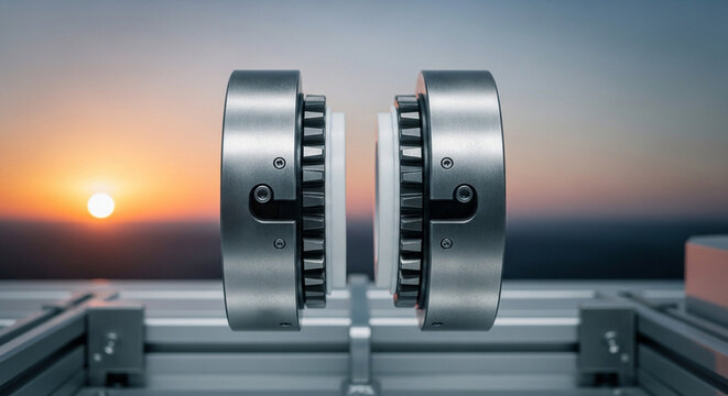 Close-up of two industrial metal couplings with a sunset in the background.