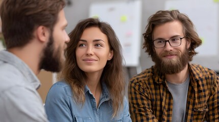 Fototapeta premium Three diverse young adults engaged in a positive discussion in an office meeting