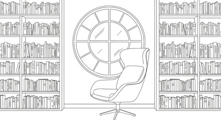 A line of a chair in front of a large circular window between two bookshelves line chair library © Moksedul