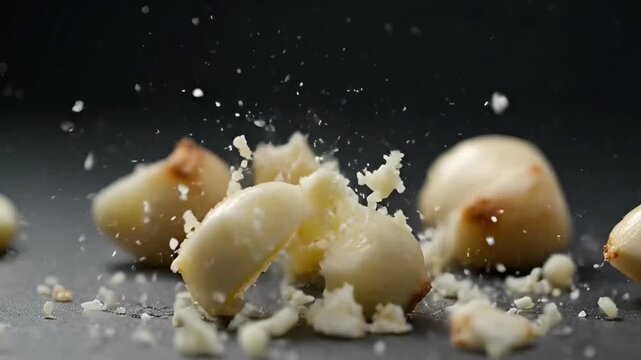 Macadamia nuts falling and breaking apart.
