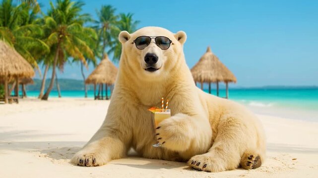 Relaxed Polar Bear on a Tropical Beach Wearing Sunglasses for a Fun Vacation Concept.