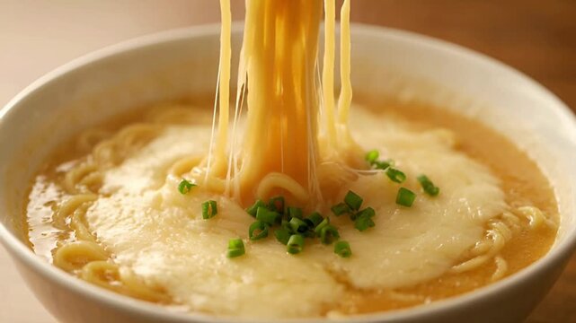 Melted cheese being pulled into soup.