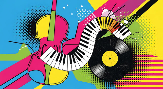 Creative music art featuring violin piano keys and retro record