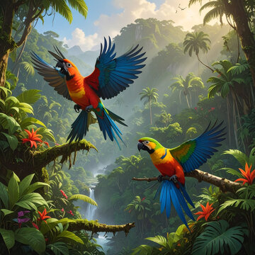 A colorful cartoon macaw parrot with vibrant red, blue, and yellow feathers perches on a tropical jungle branch in this isolated vector illustration of wild nature