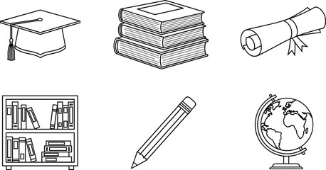 Educational graduation cap books diploma pencil globe bookshelf © Moksedul