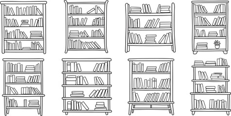 Eight black and white of bookshelves with books line library furniture © Moksedul