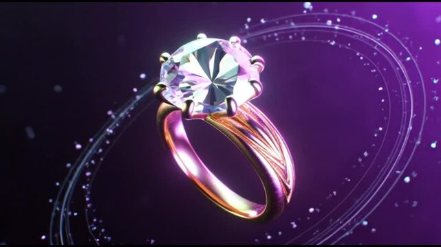 Luxury diamond engagement ring with glowing purple light trails and sparkling magic dust on a dark background