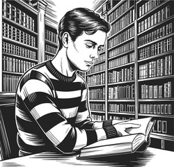 Man in striped sweater reading book at desk in library bookshelves © Moksedul