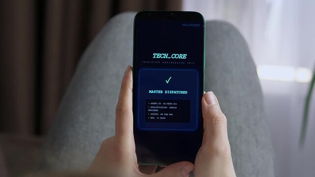 Booking an Emergency Tech Repair via Mobile App. POV shot of a user initializing a repair service on a smartphone. Shows syncing with an engineer and master dispatched notification. Perfect for