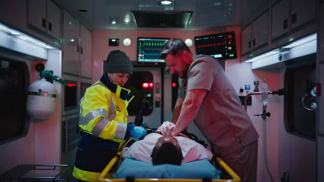 Paramedics providing emergency medical care and cardiopulmonary resuscitation to an injured patient inside an ambulance during urgent response.