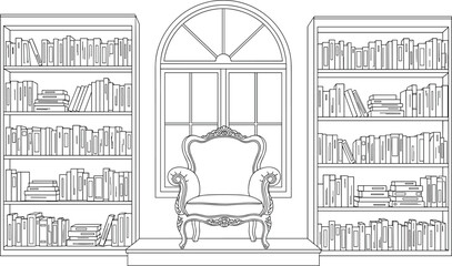 Vintage armchair between tall bookshelves in front of arched window © Moksedul