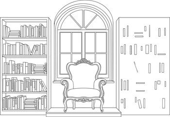 Vintage armchair by arched window with bookshelves furniture bookshelf © Moksedul