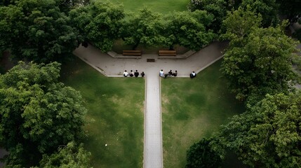 Aerial view of a tranquil park with a Y shaped pathway and people resting on benches
