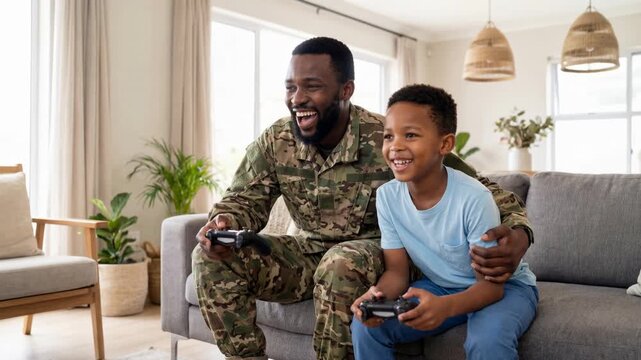 Happy black father in military uniform playing video games with young son on sofa at home, family bonding and homecoming lifestyle.