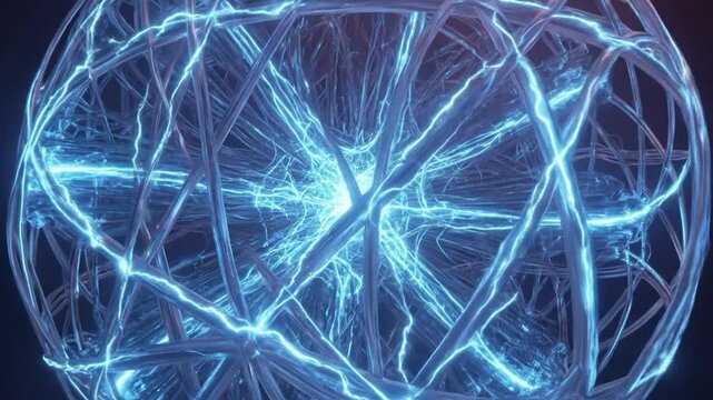 Glowing blue neon network sphere technology.