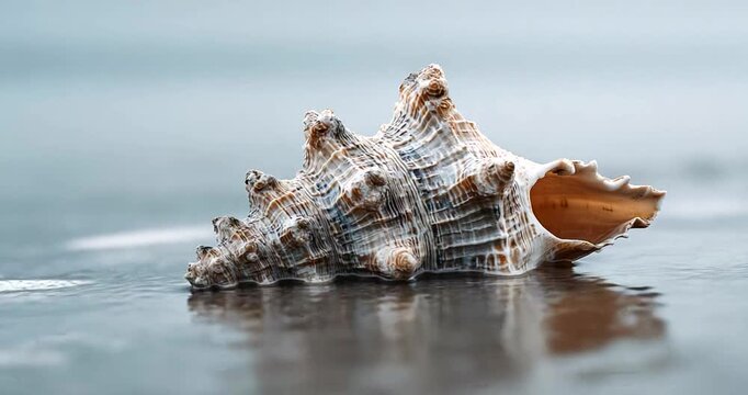 Seashell on Beach Wet Sand Ocean Waves.