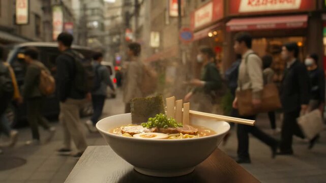 Steaming bowl of ramen on table.