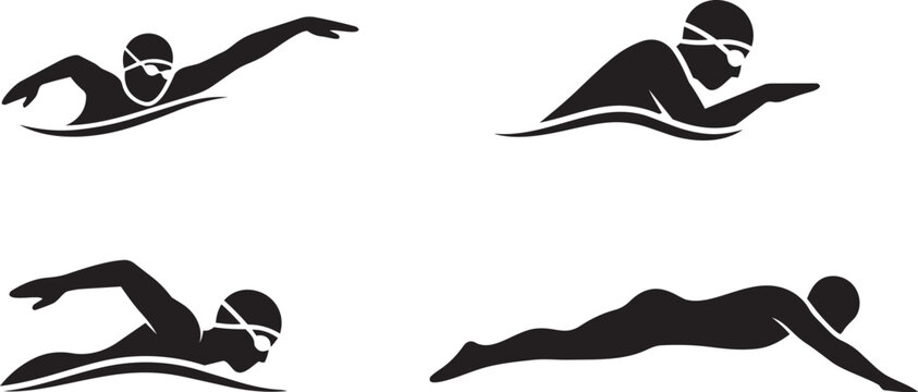 Black silhouette swimmer icons freestyle butterfly breaststroke backstroke sport aquatic design