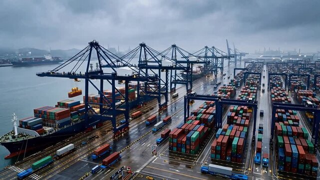 Futuristic automated port terminal showing massive blue autonomous gantry cranes moving shipping containers in a misty morning environment.
