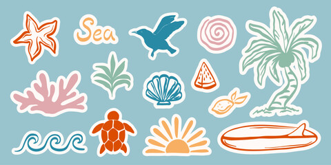 Hand drawn summer beach stickers set with surfboard, palm tree, sun and coral. Colorful retro style stickers with white outline. Vector illustration. © Iana