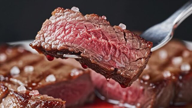 Grilled steak slice with rock salt and savory juice