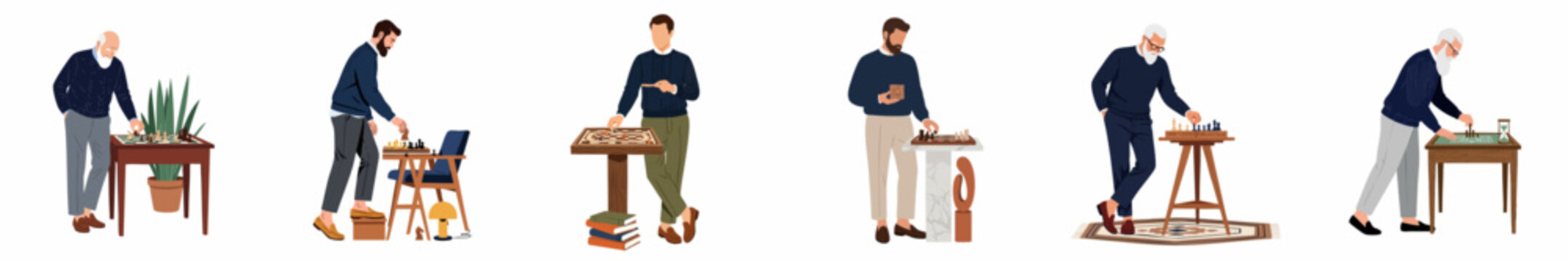 Set of flat illustrations featuring men of different ages playing board games like chess and backgammon in stylish indoor settings.