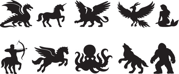 Mythical creatures collection icon set featuring dragon, unicorn, phoenix and fantasy legend symbols. © SB 