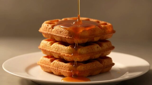 Syrup drizzling on stacked waffles plate.