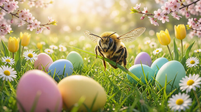 Busy honey bee flying over colorful Easter eggs and blooming spring flowers in sunny meadow, vibrant Easter nature scene celebrating pollination and springtime