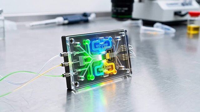 Highly detailed macro of a bio-sensor microfluidic chip with transparent channels filled with fluorescent glowing liquids on a steel bench.
