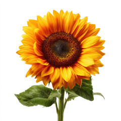Obraz premium Sunflower with bright yellow petals and green leaves isolated