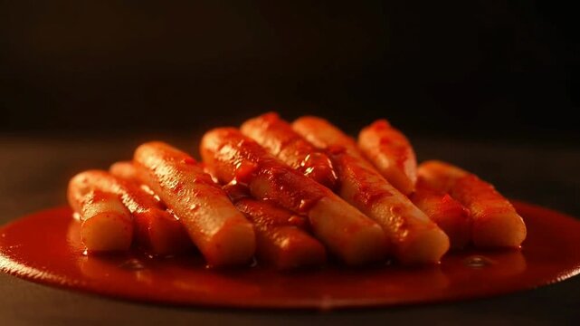 Tasty tteokbokki on red plate.