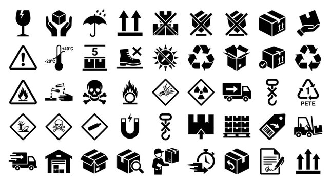 Set of packaging and shipping symbols including fragile glass, keep dry umbrella, handle with care, recycle, temperature limit, warning signs, and orientation arrows.