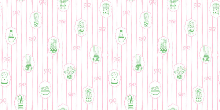 Hand drawn cactus seamless pattern with cute cartoon plant on soft pink striped background with bows. Romantic decicate illustration for wrapping paper, textiles, print Vector decor with succulents