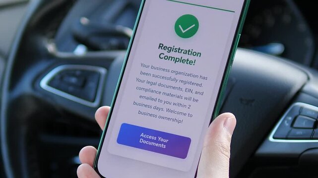 Close up of smartphone with business registration complete message inside a car. Modern entrepreneur concept showing digital company formation, legal confirmation and startup success through mobile