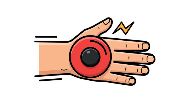 Cartoon hand holding a red fidget spinner with a shocked expression and yellow lightning bolt on a white background.