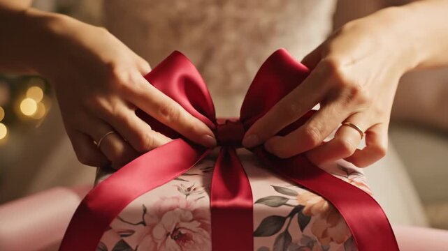 Close-up of hands tying a large red satin bow on a floral-patterned gift box, preparing for a special occasion.