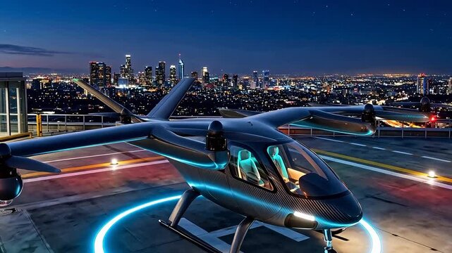 Photorealistic scene of an electric vertical takeoff and landing aircraft charging on a modern rooftop pad with an inductive charging ring.