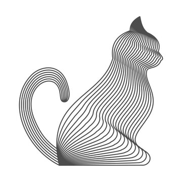 Sitting cat illustration created with flowing curved lines in a wireframe style. Minimal feline silhouette with striped line structure for modern design, logos, posters, decorative graphics. Vector.