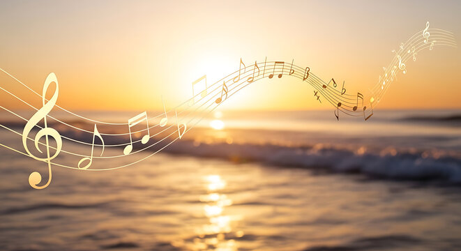 Elegant musical notes flying across a blurred sunset coastline