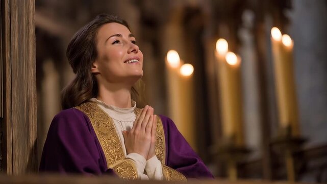 Woman's first confession in ornate wooden booth, nervous hands clasped, purple vestment visible through screen, candles burning in church beyond, ideal for conversion milestone and modern sacrament