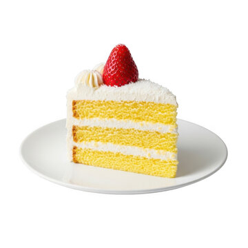 Slice of yellow cake with white frosting and strawberry on top isolated on transparent background